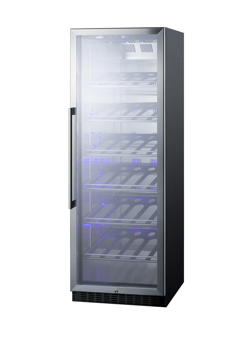 Full-size commercially listed wine cellar with stainless steel interior, champagne shelving, digital controls, self-closing glass door, and black cabinet